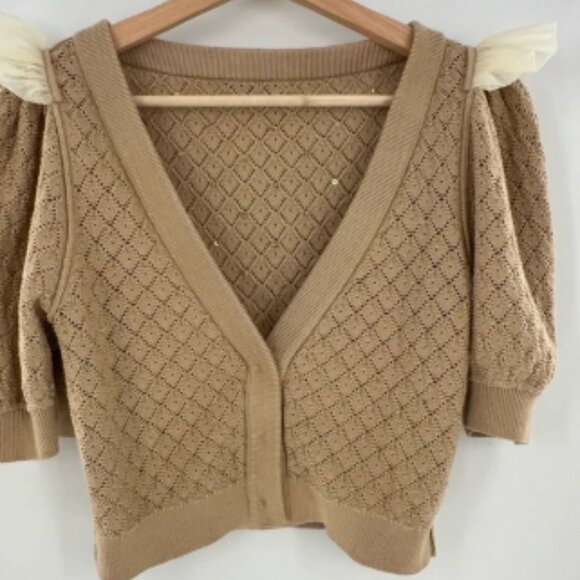 NWT Alice + Olivia Romi Cropped Embellished Pointelle-Knit Cardigan Sand Size S - Picture 3 of 6